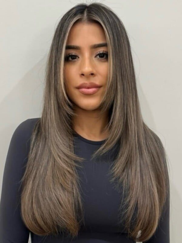 Dark Brown Mid-Back With Ash Blonde Highlights Dark Brown Mid-Back With Ash Blonde Highlights — Classy Face Framing Layers