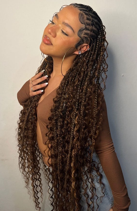 Long Curly Braids With Face-Framing Bangs Long Curly Braids With Face-Framing Bangs — Classy Feed in Braids Hairstyles
