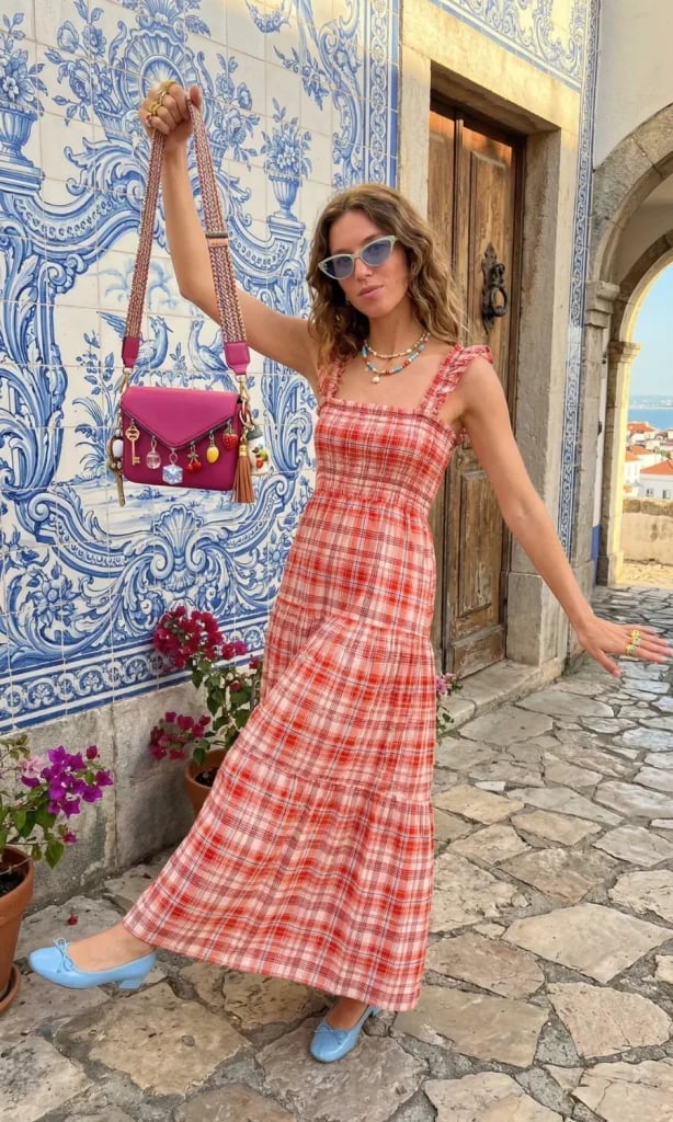 Tiered Plaid Maxi Dress with Bright Crossbody for a Casual Date — Classy First Date Outfits
