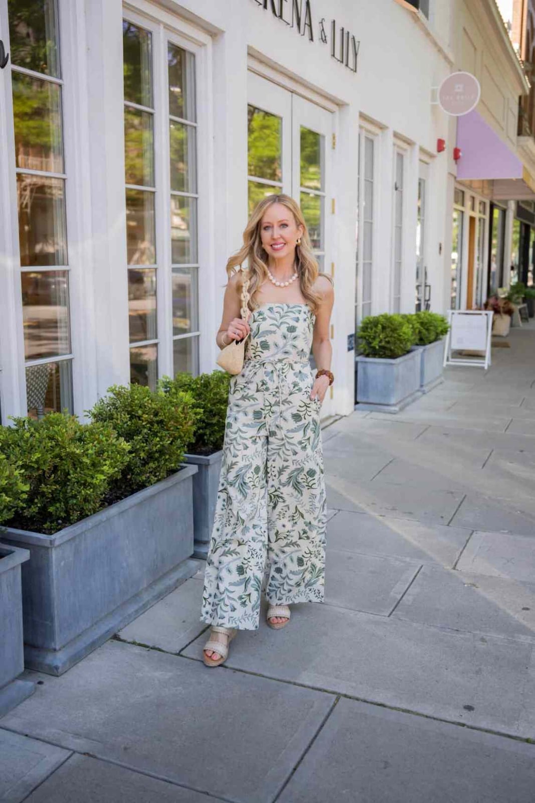 Strapless Floral Jumpsuit with Espadrille Wedges for a Date — Classy First Date Outfits