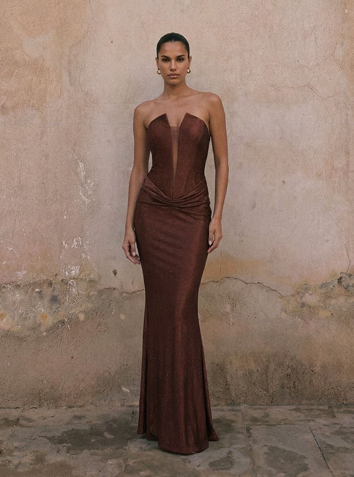Bronze Metallic Strapless Bodycon Gown Bronze Metallic Strapless Bodycon Gown — Classy Formal Style