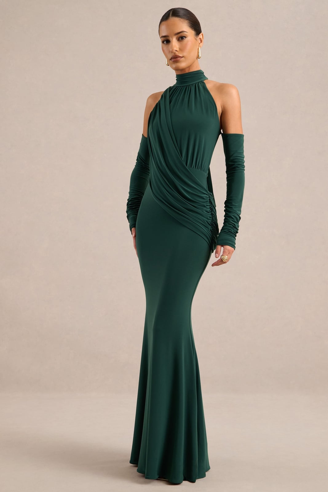 Deep Green Formal Gown with High Neckline and Cutouts Deep Green Formal Gown with High Neckline and Cutouts — Classy Formal Style