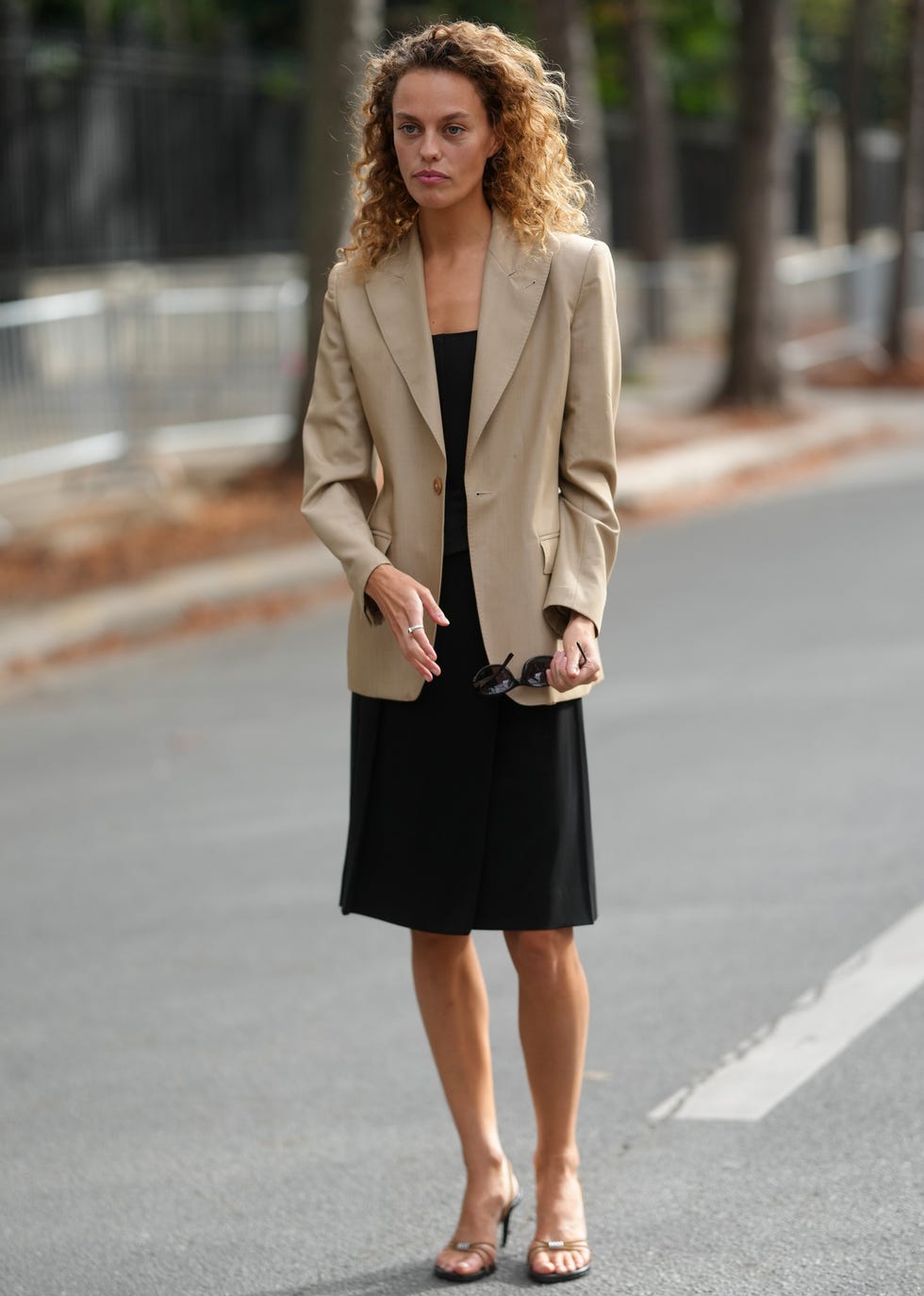 Beige Oversized Blazer with Black Straight Dress Beige Oversized Blazer with Black Straight Dress — Classy Formal Style