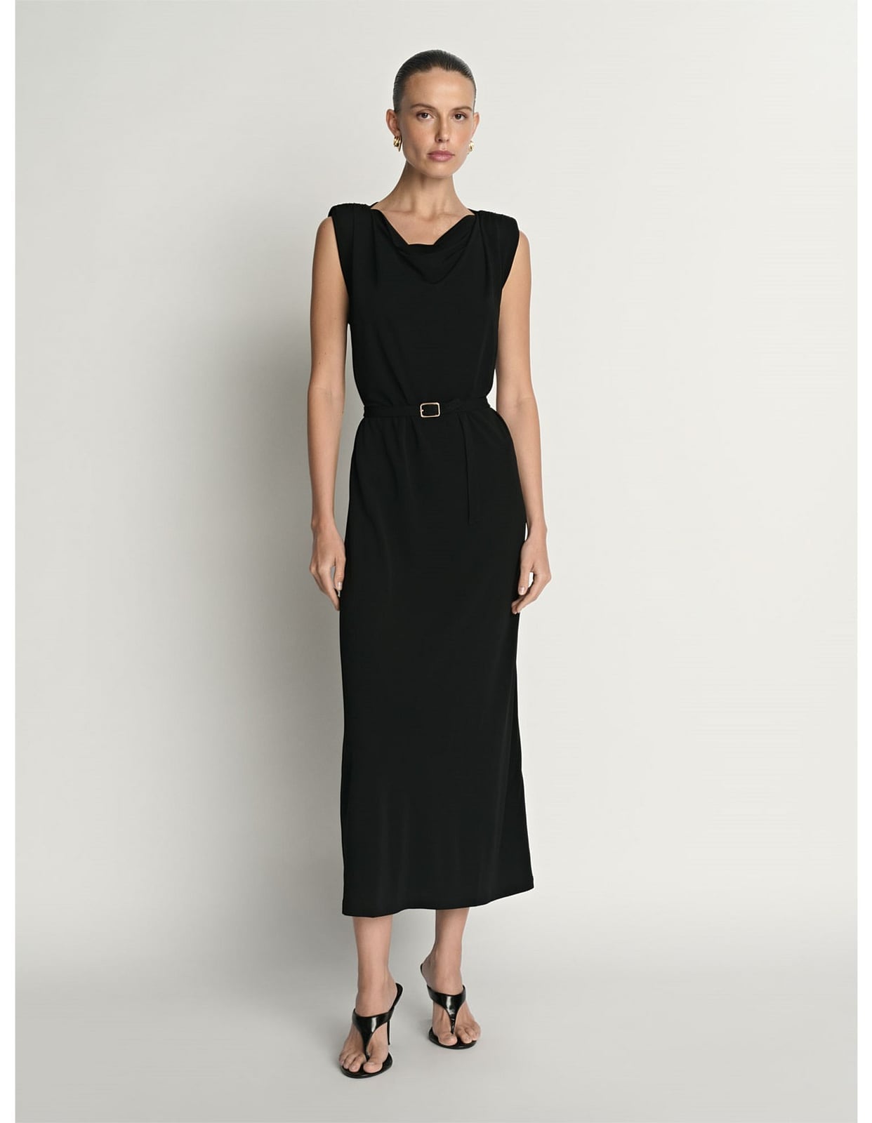 Black Sleeveless Midi Dress with Cowl Neckline Black Sleeveless Midi Dress with Cowl Neckline — Classy Formal Style