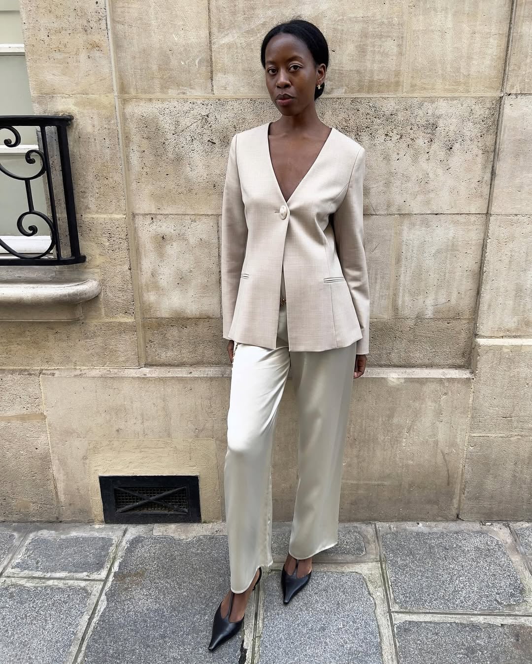 Beige V-Neck Blazer with Cream Satin Trousers Beige V-Neck Blazer with Cream Satin Trousers — Classy Formal Style