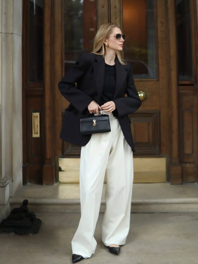 Oversized Black Blazer with Cream Wide-Leg Trousers Oversized Black Blazer with Cream Wide-Leg Trousers — Classy Formal Style