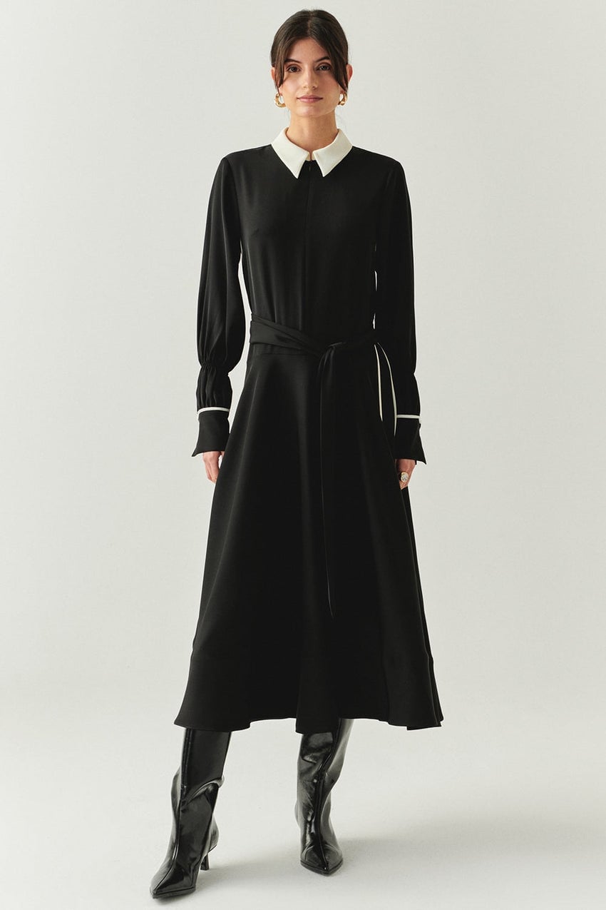 Black Midi Dress with White Collar and Cuffs Black Midi Dress with White Collar and Cuffs — Classy Formal Style
