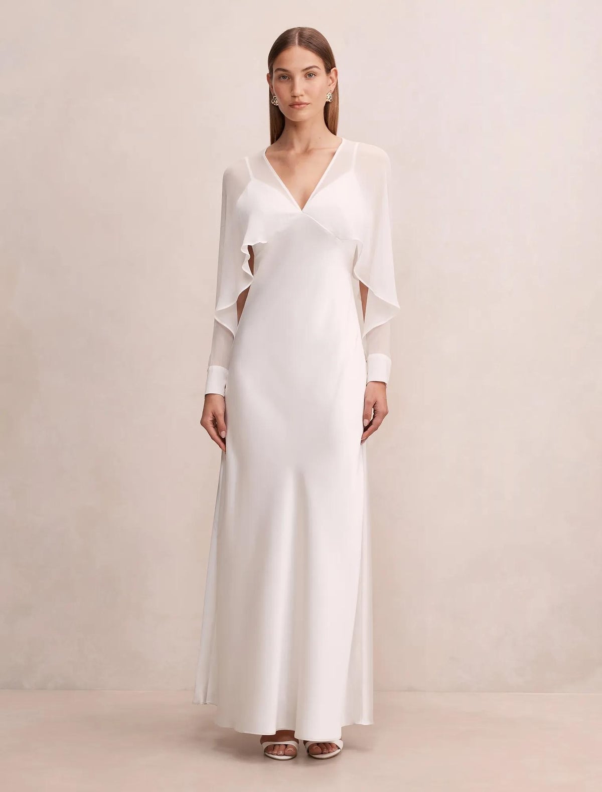 Ivory Satin A-line Gown with Sheer Capelet Ivory Satin A-line Gown with Sheer Capelet — Classy Formal Style