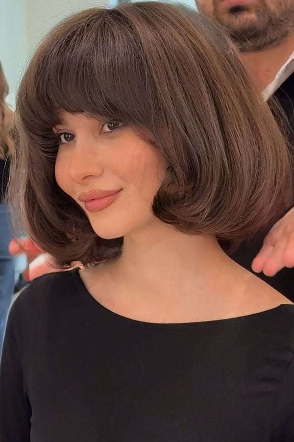 Chin Bob With Full Fringe, Medium Brown — Classy French Bob