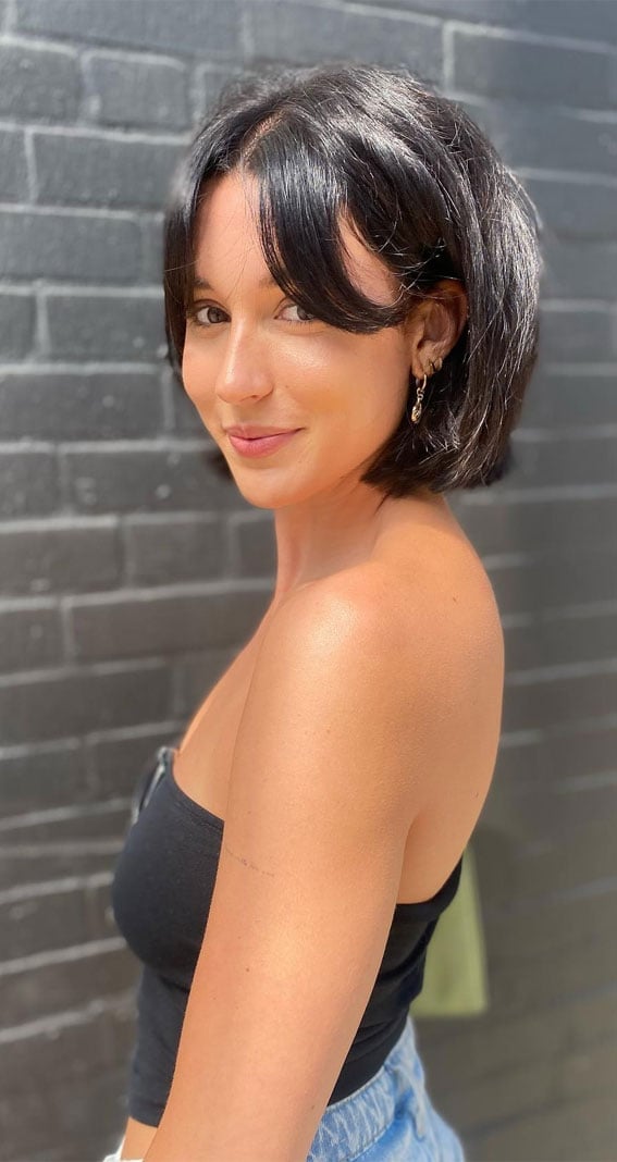 Thick Dark Brown Bob With Blunt Bangs, Chin Thick Dark Brown Bob With Blunt Bangs, Chin — Classy French Bob Haircut