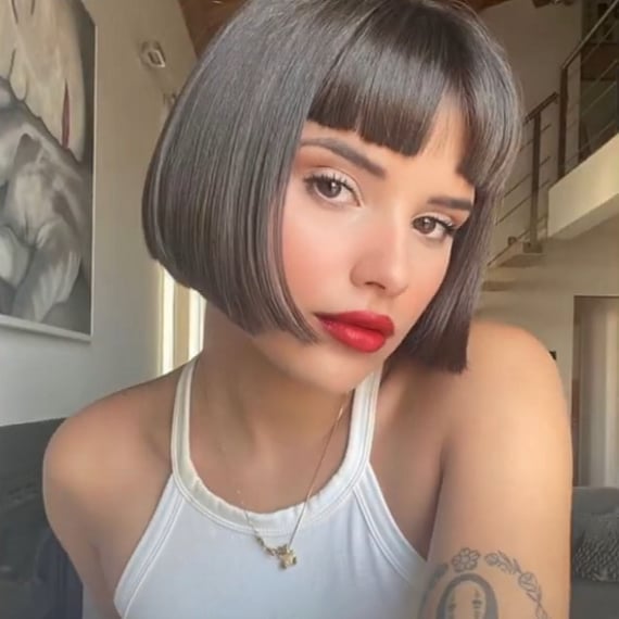 Ear Length Cool Grey Bob With Micro Bangs Ear Length Cool Grey Bob With Micro Bangs — Classy French Bob Haircut