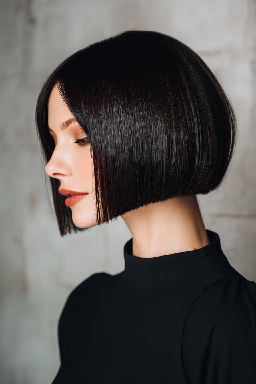 Sleek Black Blunt Bob With Inward Curl Sleek Black Blunt Bob With Inward Curl — Classy French Bob Haircut
