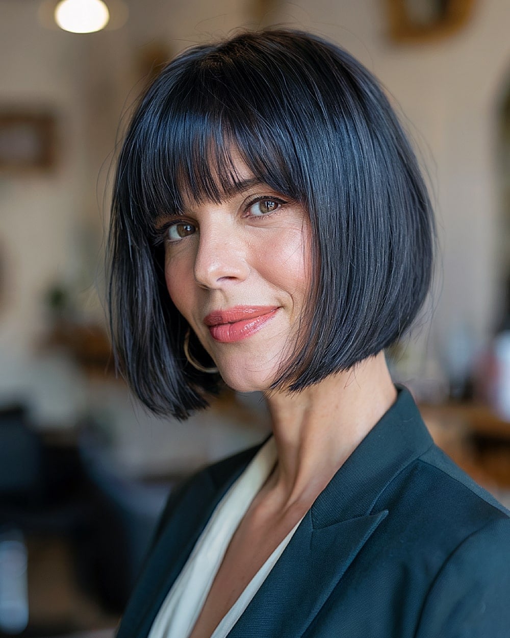 Black Chin Bob With Blunt Bangs Black Chin Bob With Blunt Bangs — Classy French Bob with Bangs
