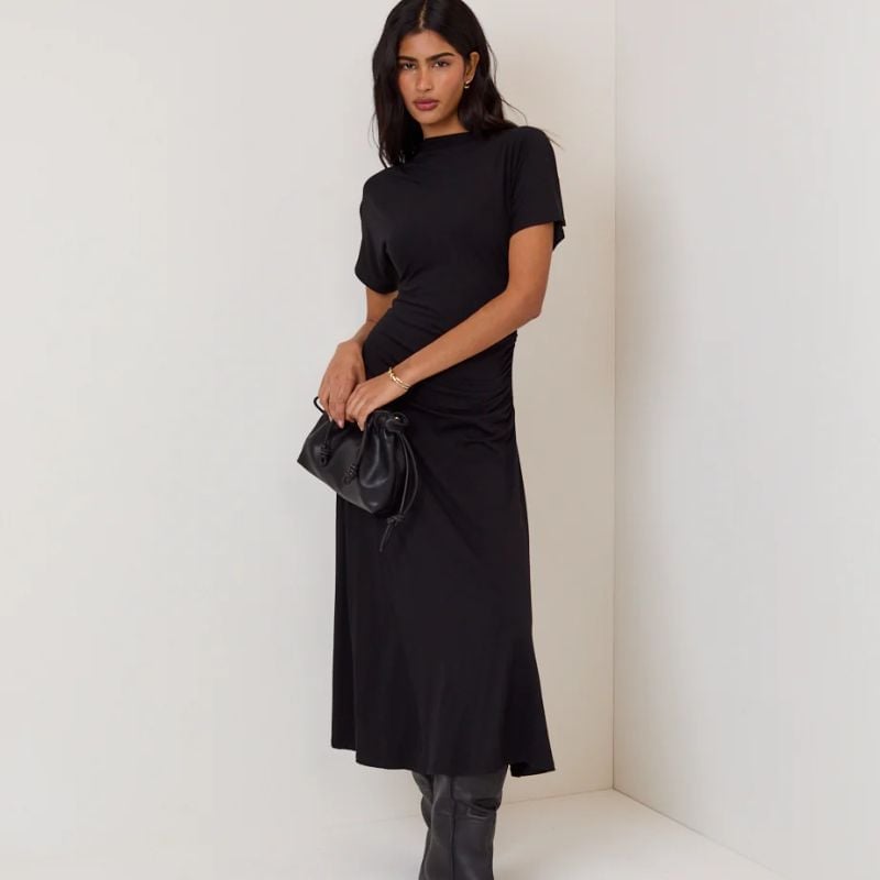 Black Mock Neck Midi Dress with Ruched Side Black Mock Neck Midi Dress with Ruched Side — Classy Funeral Outfits