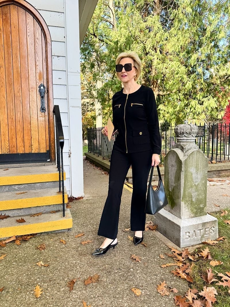 Black Textured Knit Suit with Zip-Up Jacket Black Textured Knit Suit with Zip-Up Jacket — Classy Funeral Outfits