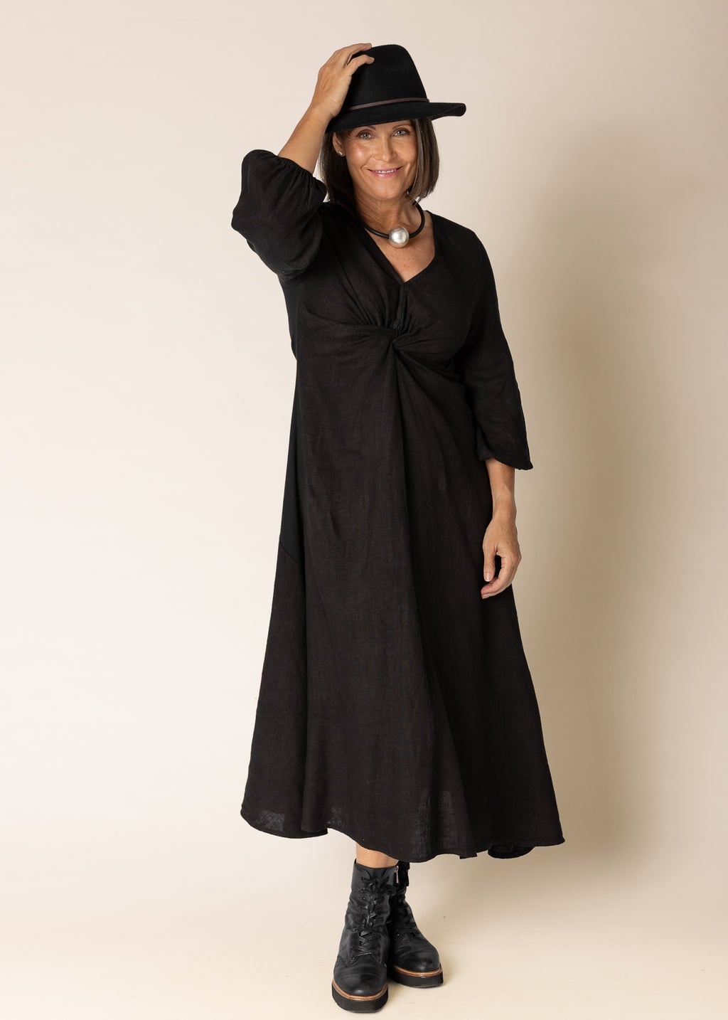 Black Linen-Like Midi Dress with Hat and Chunky Boots Black Linen-Like Midi Dress with Hat and Chunky Boots — Classy Funeral Outfits