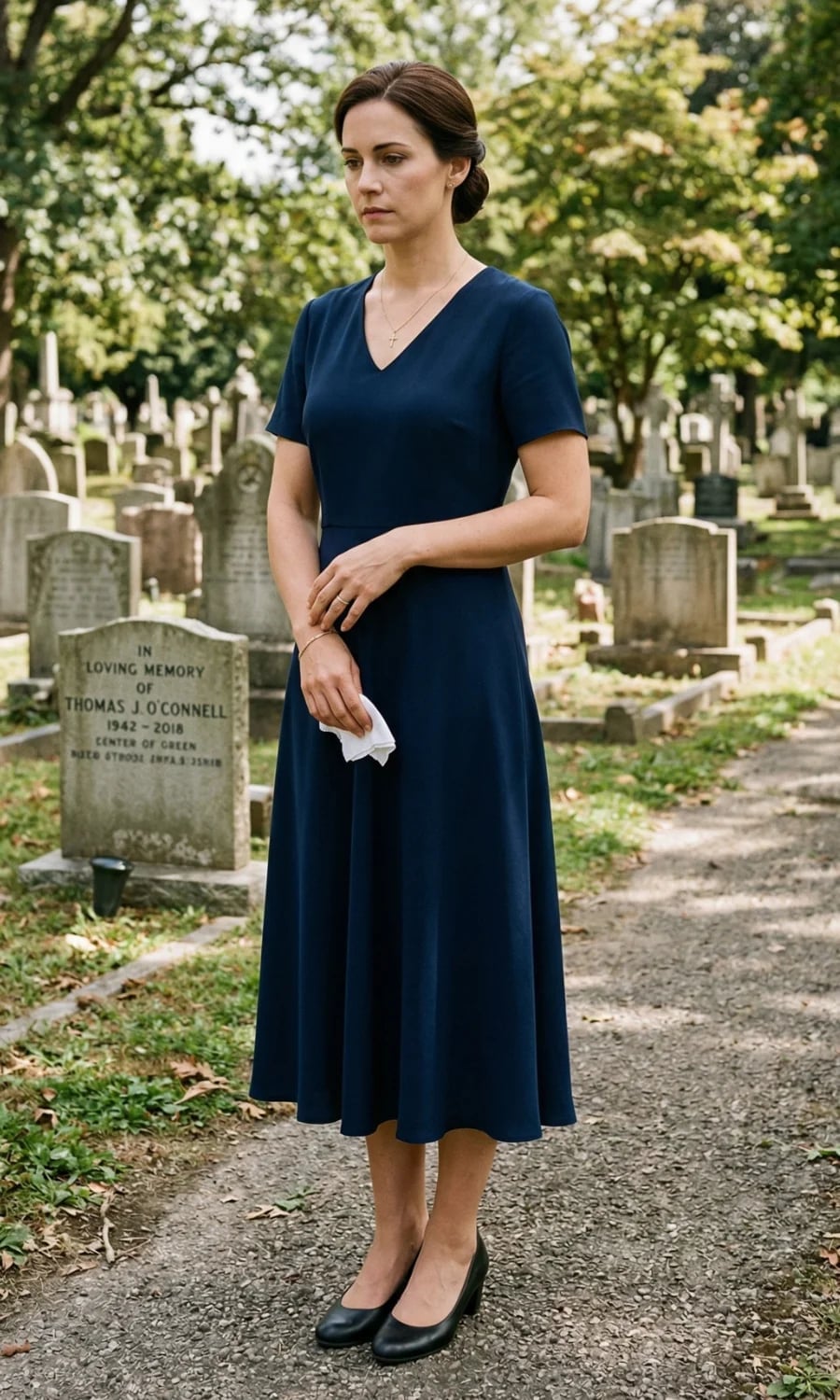 Navy A-line Midi Dress with V-Neckline Navy A-line Midi Dress with V-Neckline — Classy Funeral Outfits
