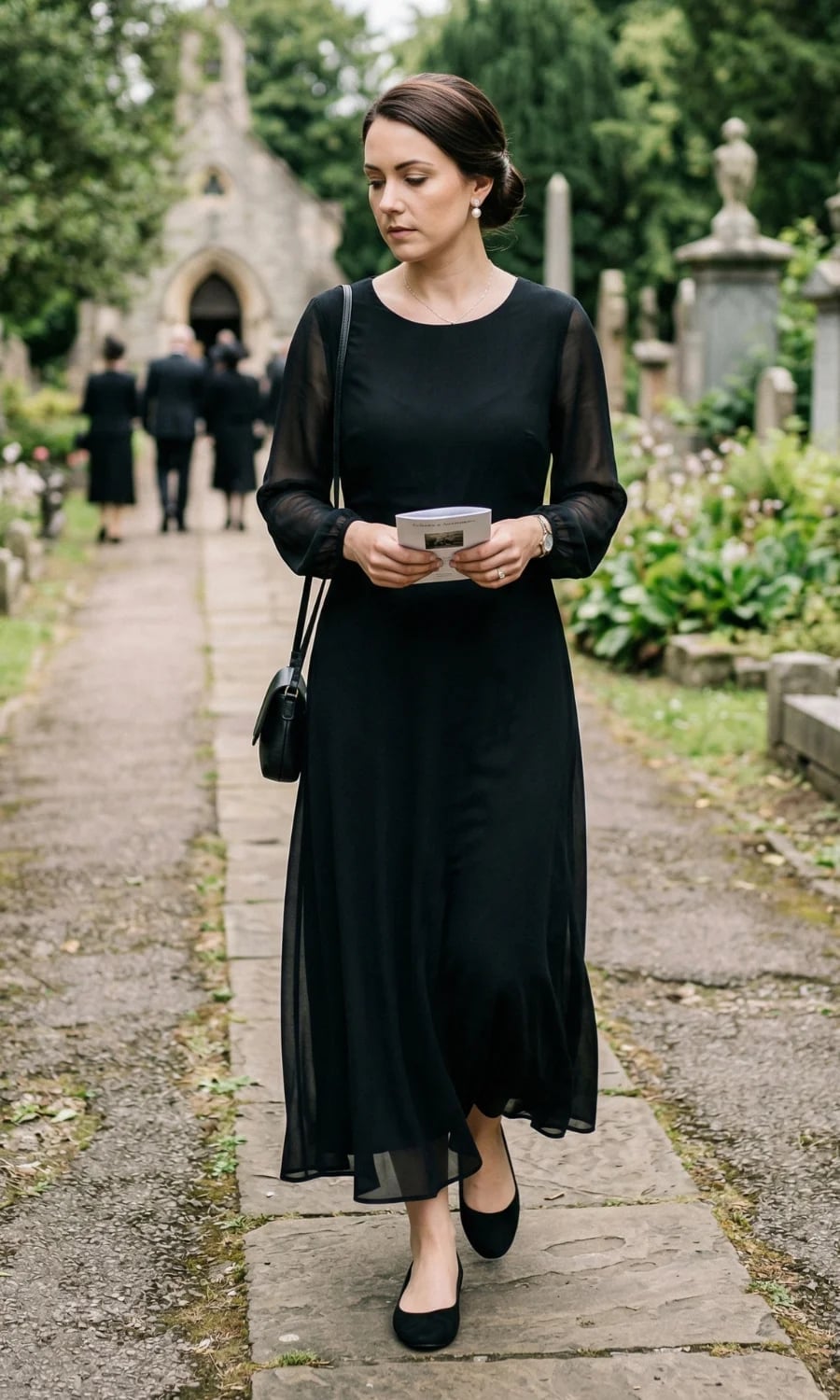 Black Long-Sleeve Midi Dress with Sheer Chiffon Sleeves Black Long-Sleeve Midi Dress with Sheer Chiffon Sleeves — Classy Funeral Outfits
