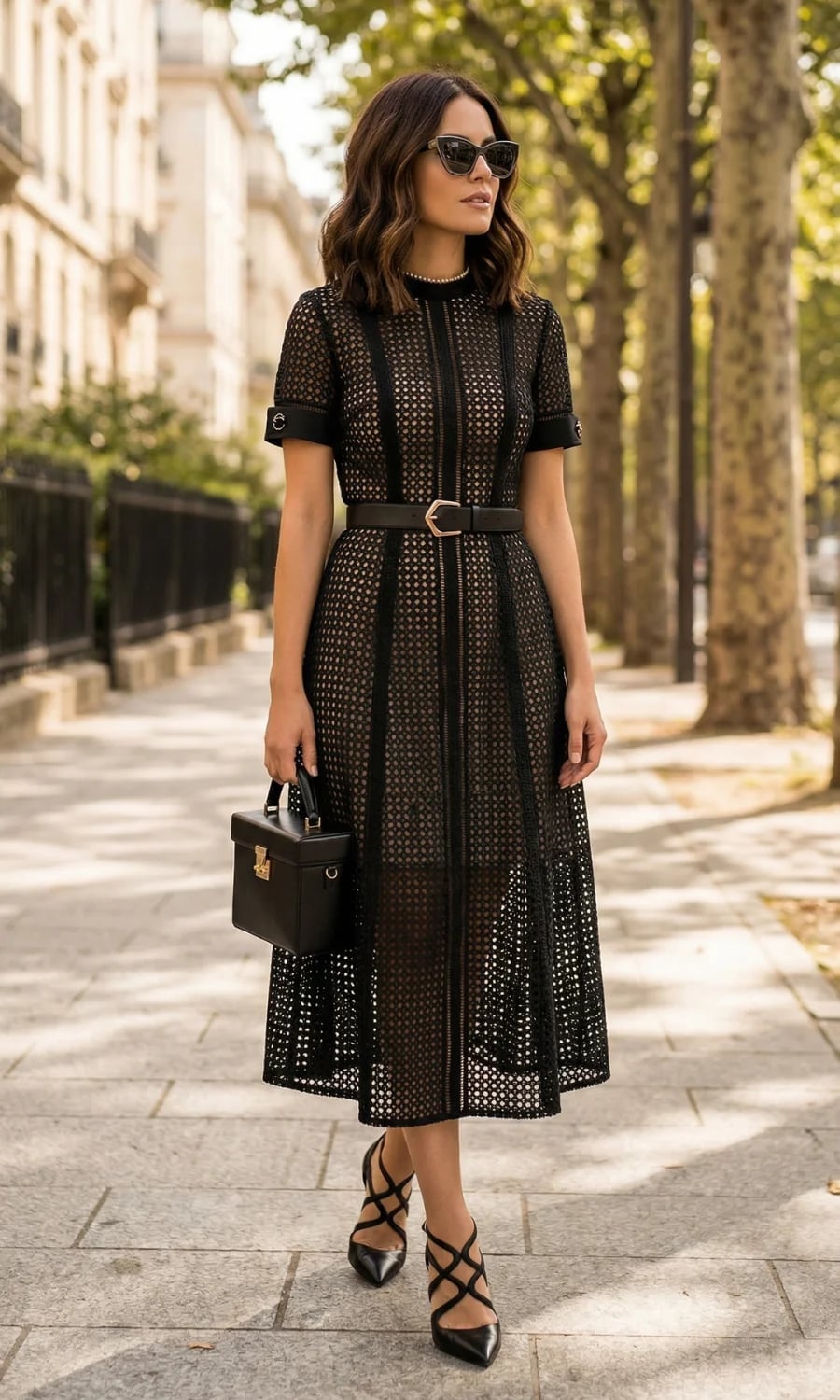 Black Midi Dress with Geometric Lace Overlay Black Midi Dress with Geometric Lace Overlay — Classy Funeral Outfits