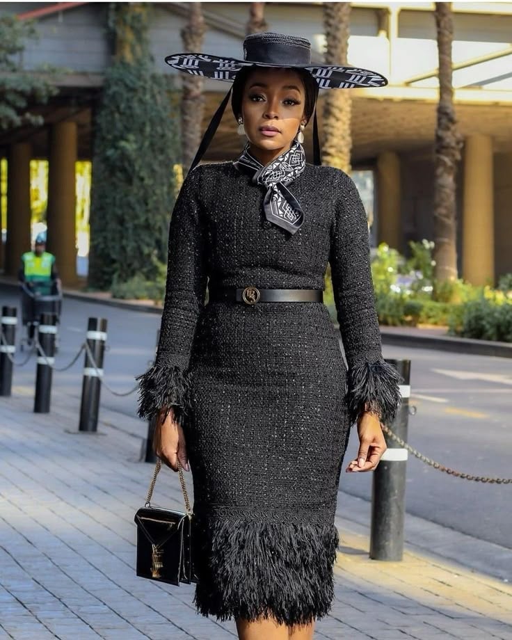 Fitted Black Tweed Midi Dress with Feather Trim Fitted Black Tweed Midi Dress with Feather Trim — Classy Funeral Outfits