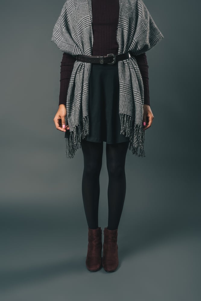 Black A-line Midi Skirt with Knit Top and Plaid Scarf Black A-line Midi Skirt with Knit Top and Plaid Scarf — Classy Funeral Outfits