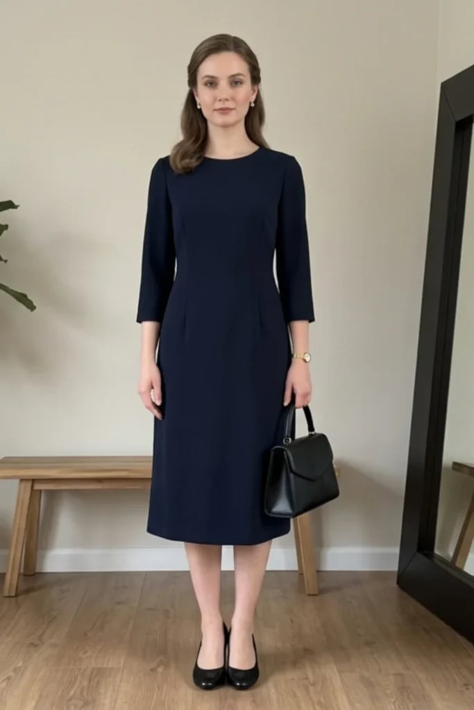Navy Three-Quarter Sleeve Midi Dress Navy Three-Quarter Sleeve Midi Dress — Classy Funeral Outfits