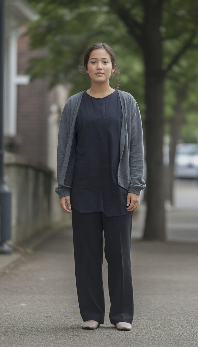 Grey Cardigan Over Navy Tunic and Trousers Grey Cardigan Over Navy Tunic and Trousers — Classy Funeral Outfits