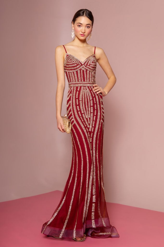 Deep Red Sequined Gown with Embellished Stripes Deep Red Sequined Gown with Embellished Stripes — Classy Gala Outfits