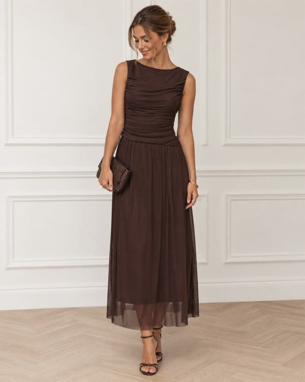 Brown Ruched Dress with Sheer Overlay Brown Ruched Dress with Sheer Overlay — Classy Gala Outfits