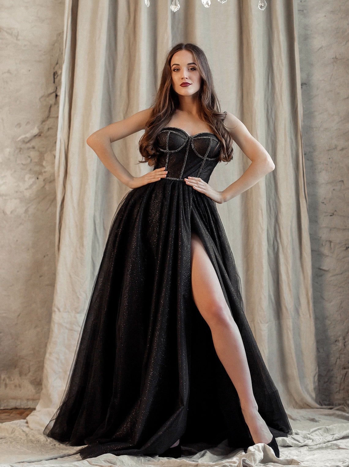 Black Corset Gown with Sparkly Tulle Skirt Black Corset Gown with Sparkly Tulle Skirt — Classy Gala Outfits