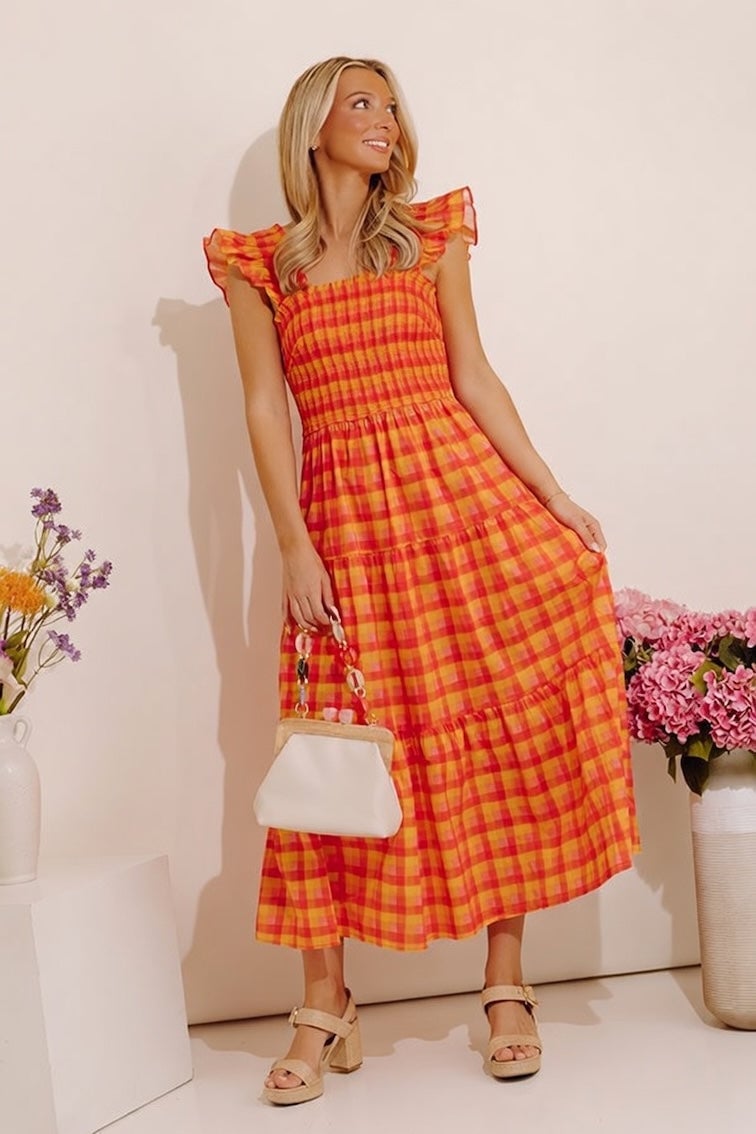 Orange and Yellow Gingham Tiered Midi Dress with Ruffled Cap Sleeves Orange and Yellow Gingham Tiered Midi Dress with Ruffled Cap Sleeves — Classy Gingham Dress
