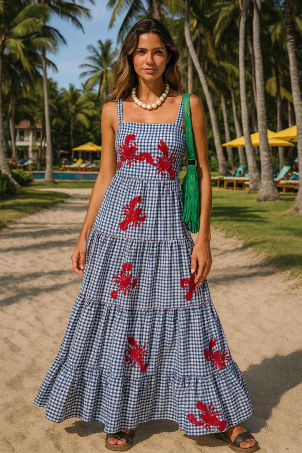Blue and White Gingham Maxi Dress with Lobster Embroidery Blue and White Gingham Maxi Dress with Lobster Embroidery — Classy Gingham Dress