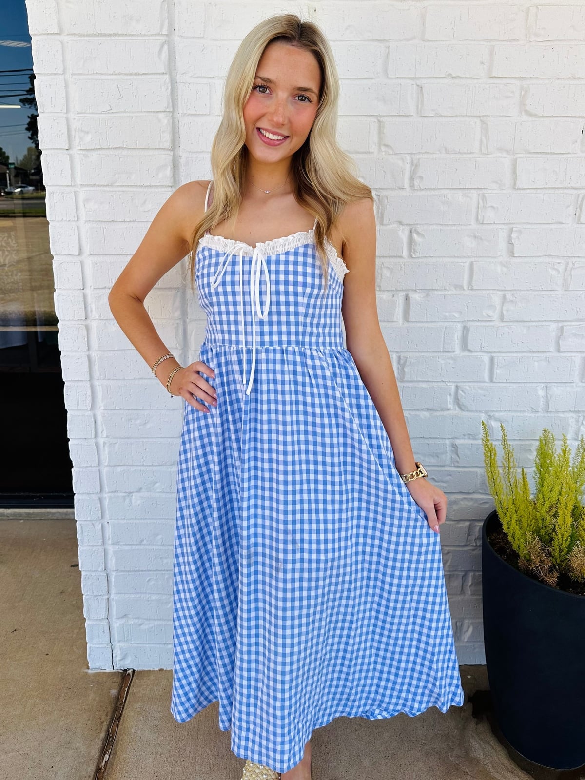 Blue and White Gingham Babydoll Maxi Dress with Lace Trim Blue and White Gingham Babydoll Maxi Dress with Lace Trim — Classy Gingham Dress