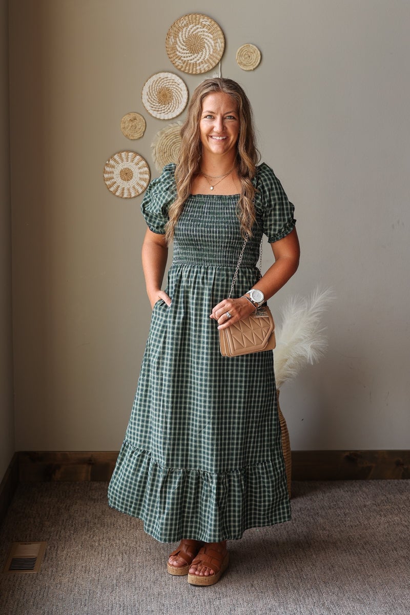 Green and White Gingham Puff Sleeve Midi Dress with Smocked Bodice Green and White Gingham Puff Sleeve Midi Dress with Smocked Bodice — Classy Gingham Dress