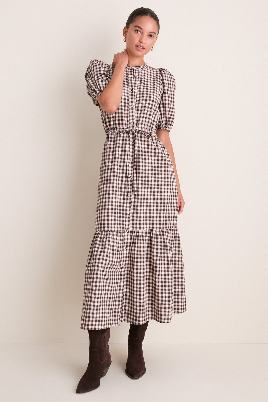 Brown and White Gingham Midi Dress with Tiered Hem and Belt Brown and White Gingham Midi Dress with Tiered Hem and Belt — Classy Gingham Dress