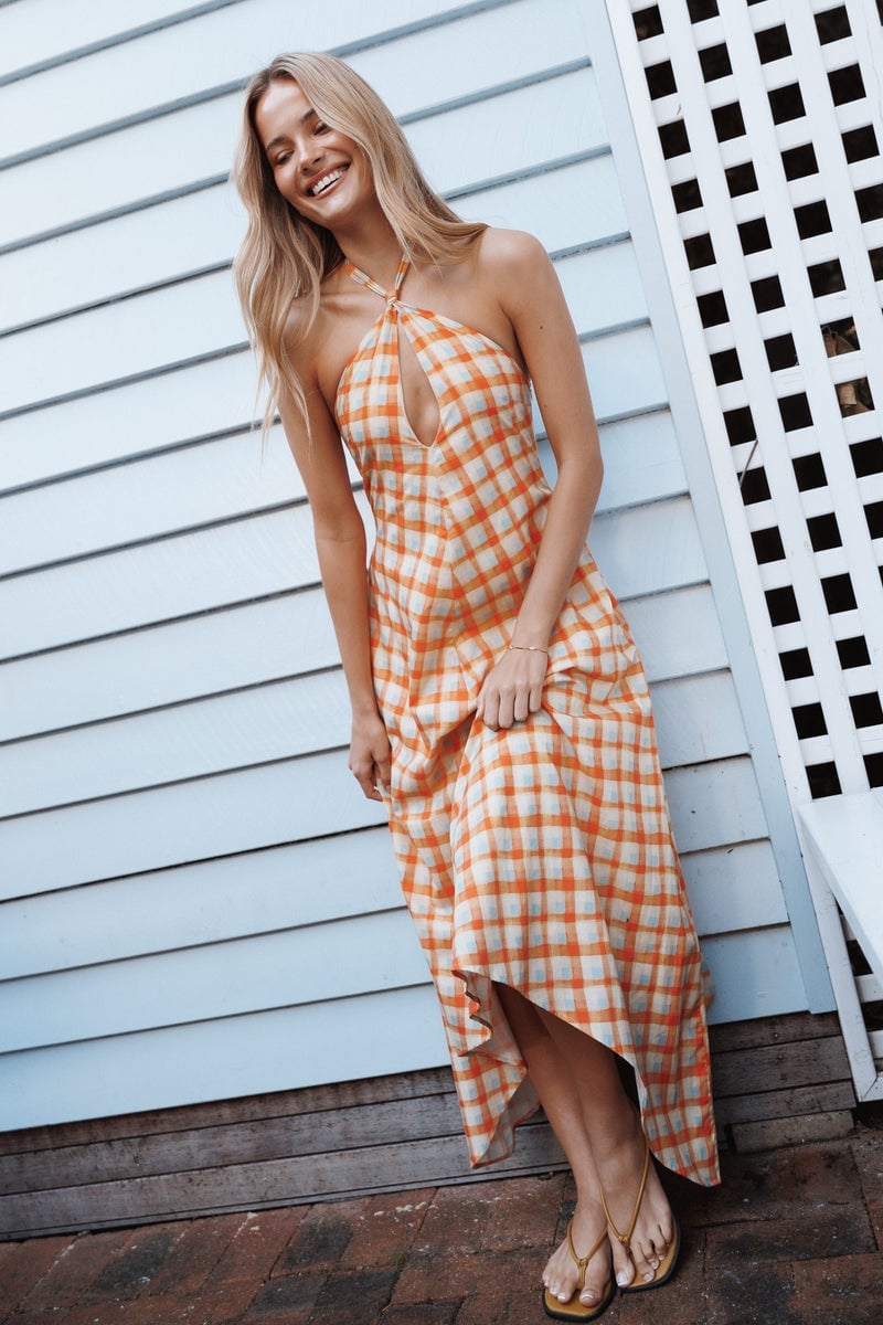 Orange and White Gingham Halter Neck Maxi Dress with Keyhole Detail Orange and White Gingham Halter Neck Maxi Dress with Keyhole Detail — Classy Gingham Dress