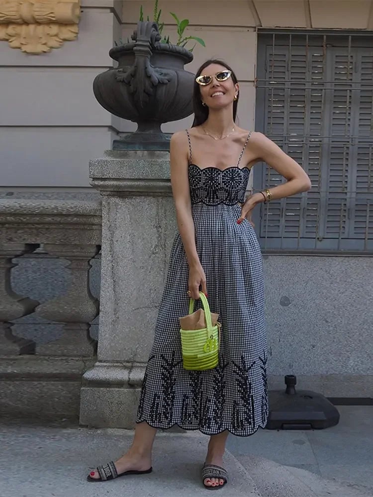 Embroidered Black and White Gingham Cami Maxi Dress Embroidered Black and White Gingham Cami Maxi Dress — Classy Gingham Dress