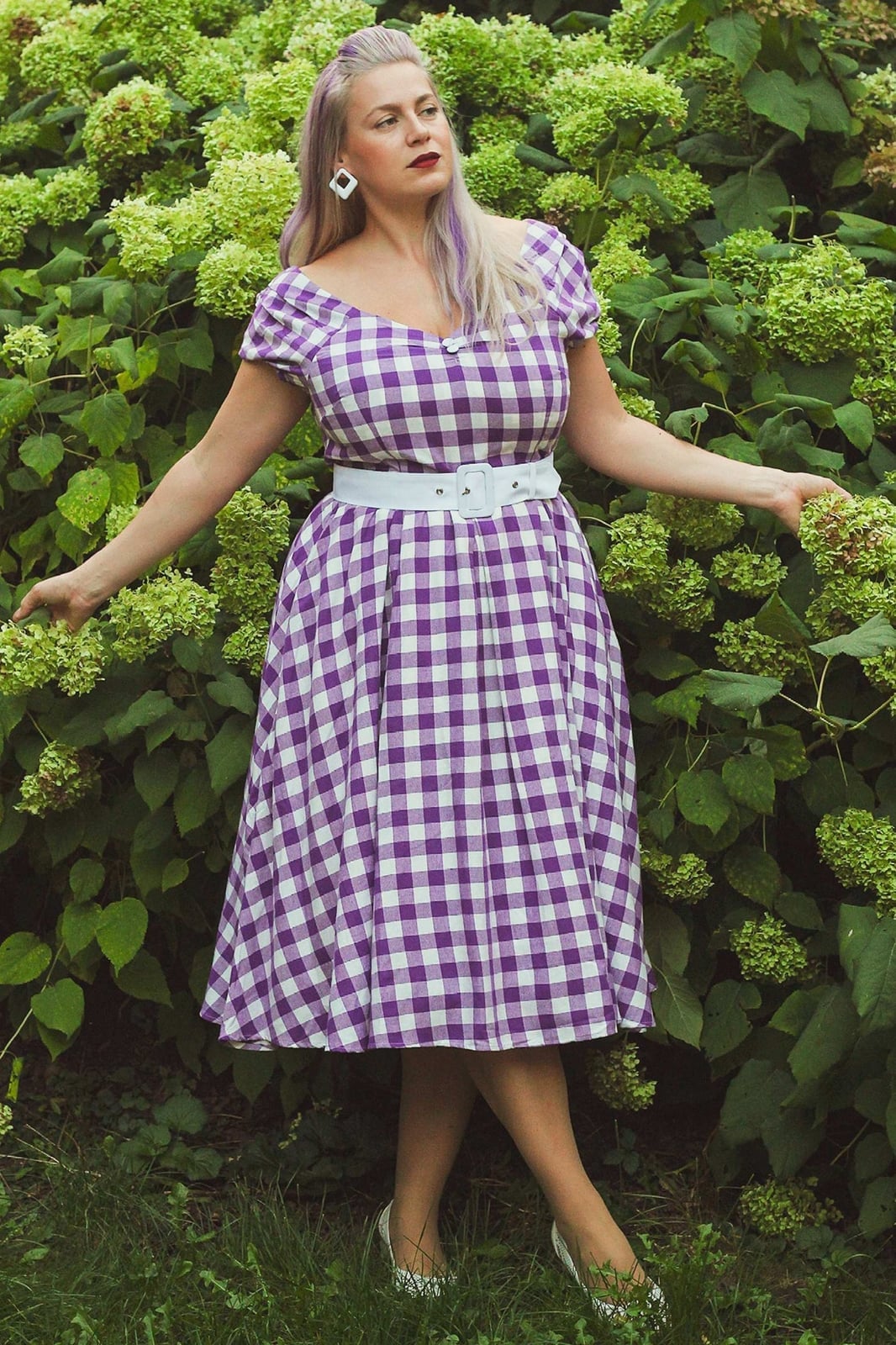 Purple and White Gingham Off-The-Shoulder Midi Dress with White Belt Purple and White Gingham Off-The-Shoulder Midi Dress with White Belt — Classy Gingham Dress