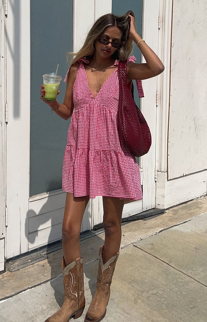 Red and White Gingham Mini Dress with Tiered Skirt and Tie Straps Red and White Gingham Mini Dress with Tiered Skirt and Tie Straps — Classy Gingham Dress