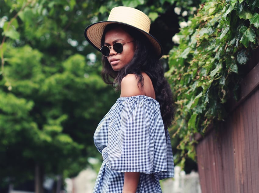 Blue and White Gingham Off-Shoulder Dress with Puff Sleeves Blue and White Gingham Off-Shoulder Dress with Puff Sleeves — Classy Gingham Dress