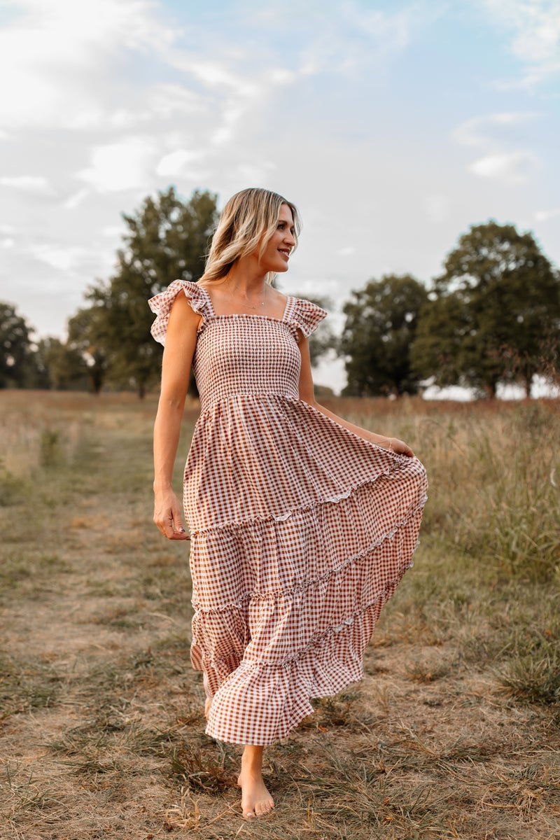 Reddish-brown and White Gingham Maxi Dress with Smocked Bodice Reddish-brown and White Gingham Maxi Dress with Smocked Bodice — Classy Gingham Dress