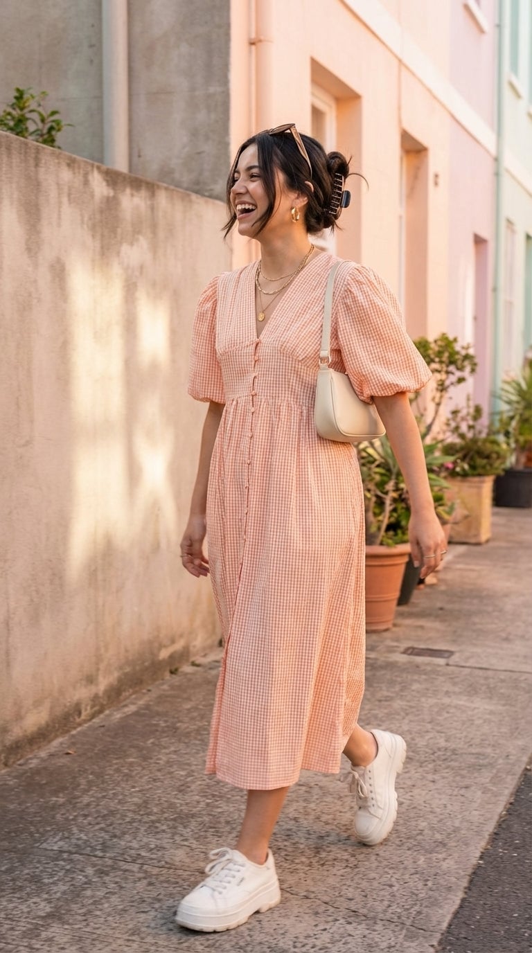 Peach and White Gingham Cotton Maxi Dress with Button-Front Peach and White Gingham Cotton Maxi Dress with Button-Front — Classy Gingham Dress