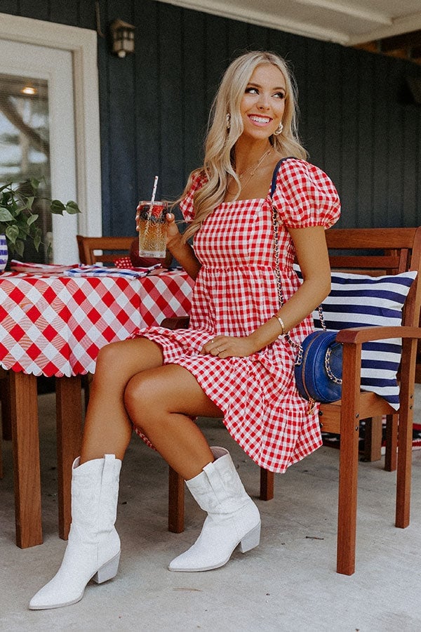 Red and White Gingham Puff Sleeve Mini Dress with Tiered Hem Red and White Gingham Puff Sleeve Mini Dress with Tiered Hem — Classy Gingham Dress