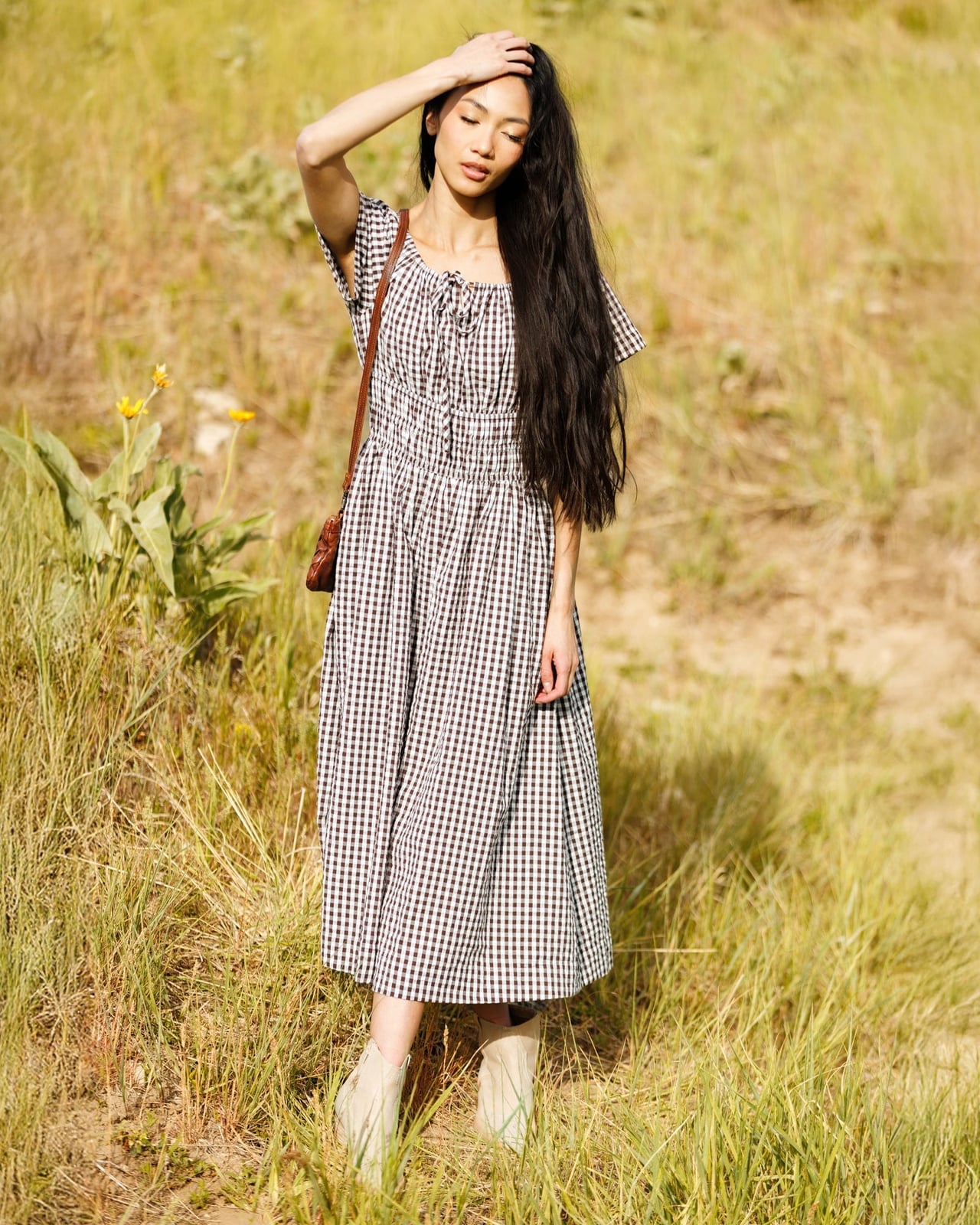 Brown and White Gingham Midi Dress with Tie Neckline Brown and White Gingham Midi Dress with Tie Neckline — Classy Gingham Dress