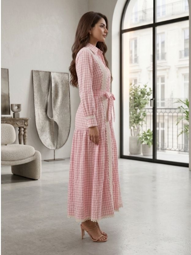 Pink and White Gingham Shirt Dress with Lace Trim Pink and White Gingham Shirt Dress with Lace Trim — Classy Gingham Dress