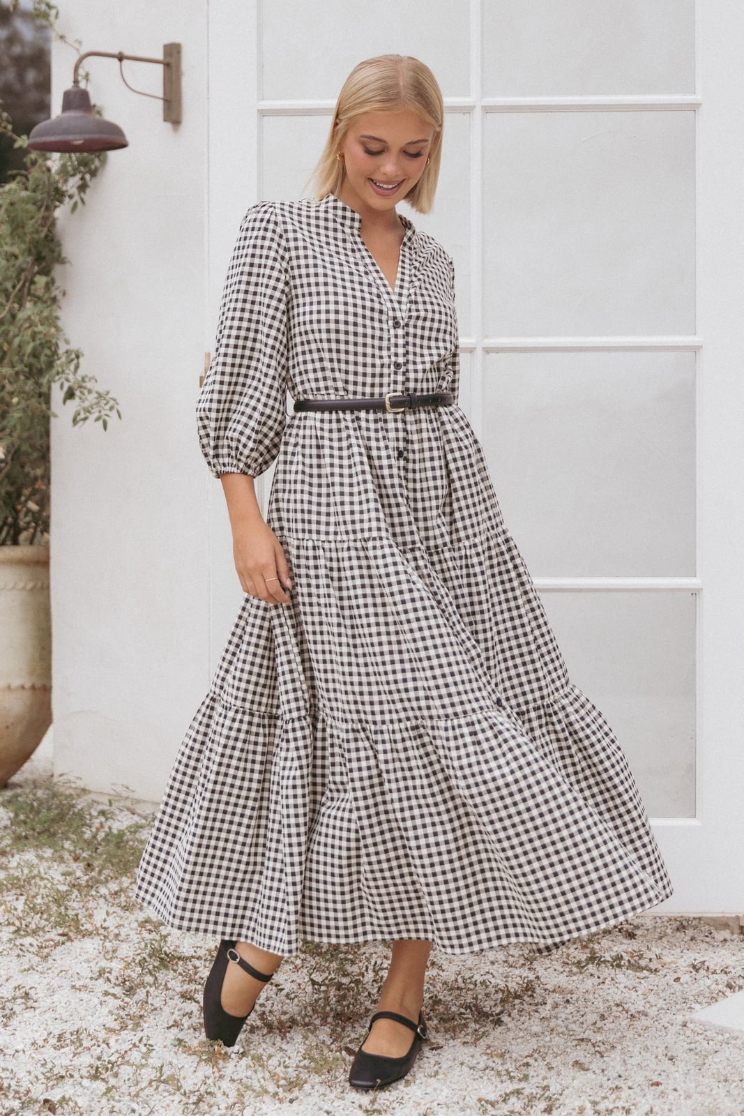 Black and White Gingham Tiered Maxi Dress with Belt Black and White Gingham Tiered Maxi Dress with Belt — Classy Gingham Dress