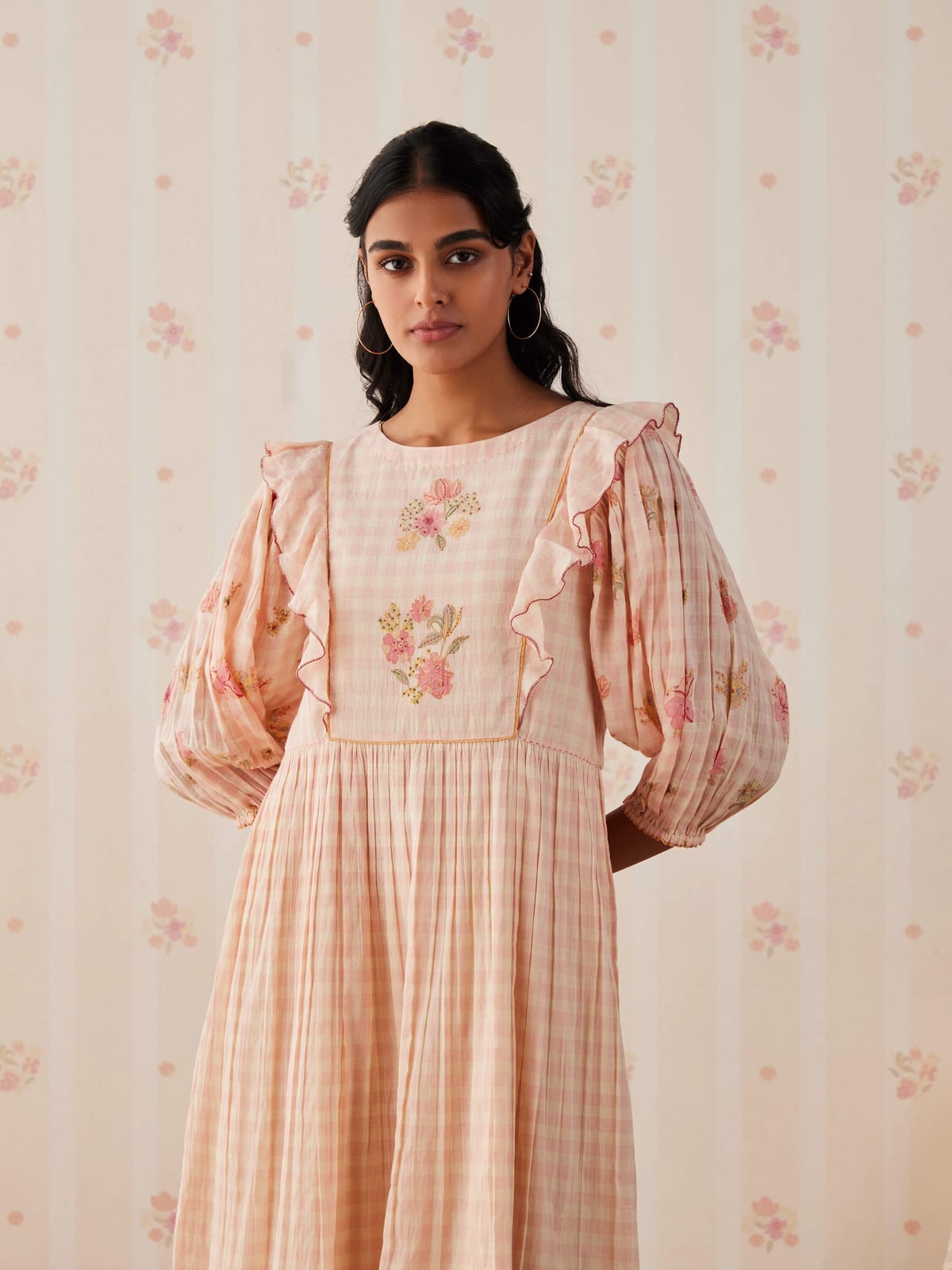 Pink and White Gingham Dress with Ruffled Sleeves and Floral Pink and White Gingham Dress with Ruffled Sleeves and Floral — Classy Gingham Dress