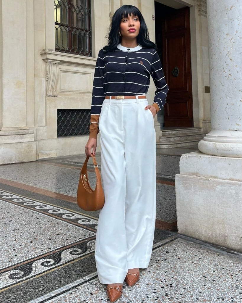 Navy Striped Cardigan with White Wide-Leg Trousers Navy Striped Cardigan with White Wide-Leg Trousers — Classy Girly Outfits