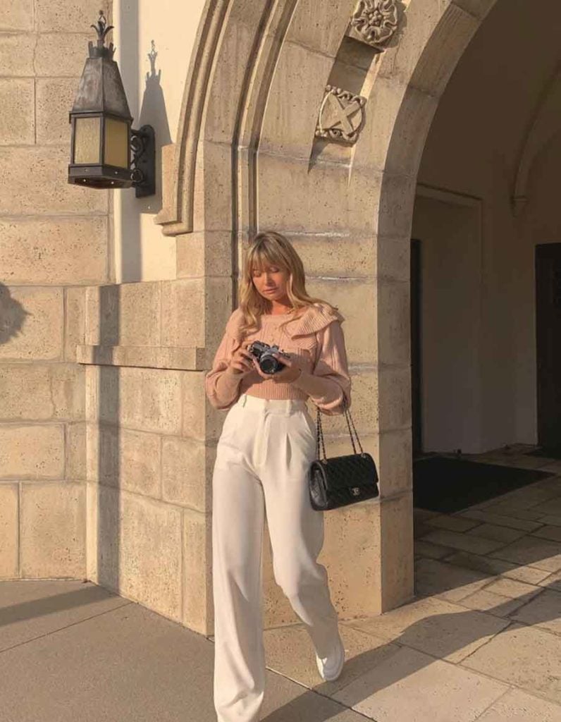 Pink Ruffled Sweater with Cream Wide-Leg Trousers Pink Ruffled Sweater with Cream Wide-Leg Trousers — Classy Girly Outfits