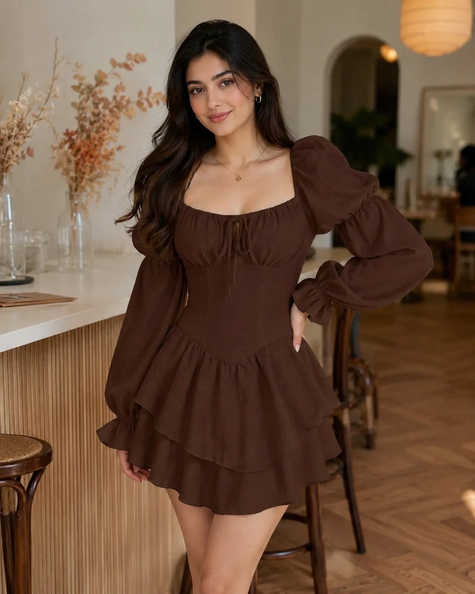 Brown Tiered Mini Dress with Puffy Sleeves Brown Tiered Mini Dress with Puffy Sleeves — Classy Girly Outfits